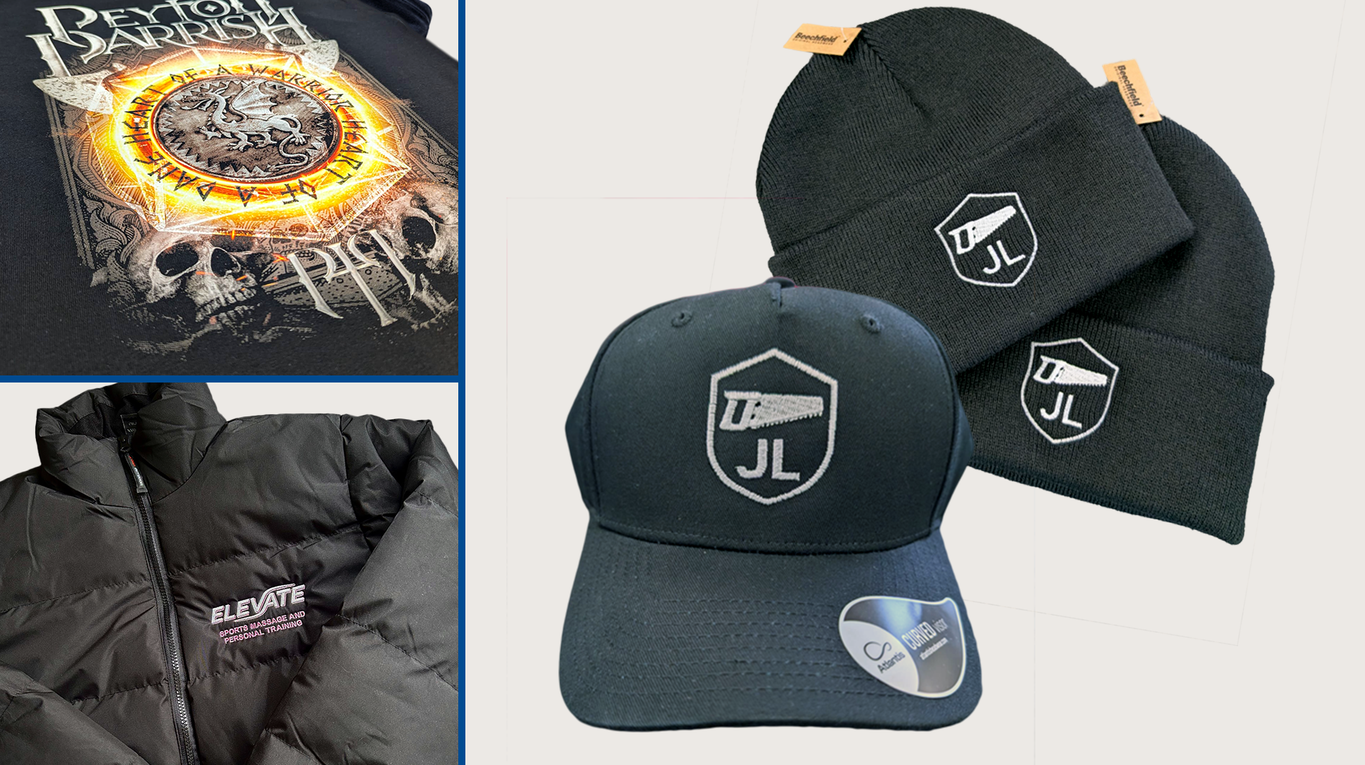 Embroidered caps, printed top and an embroidery branded jacket for custom apparel and merchandise