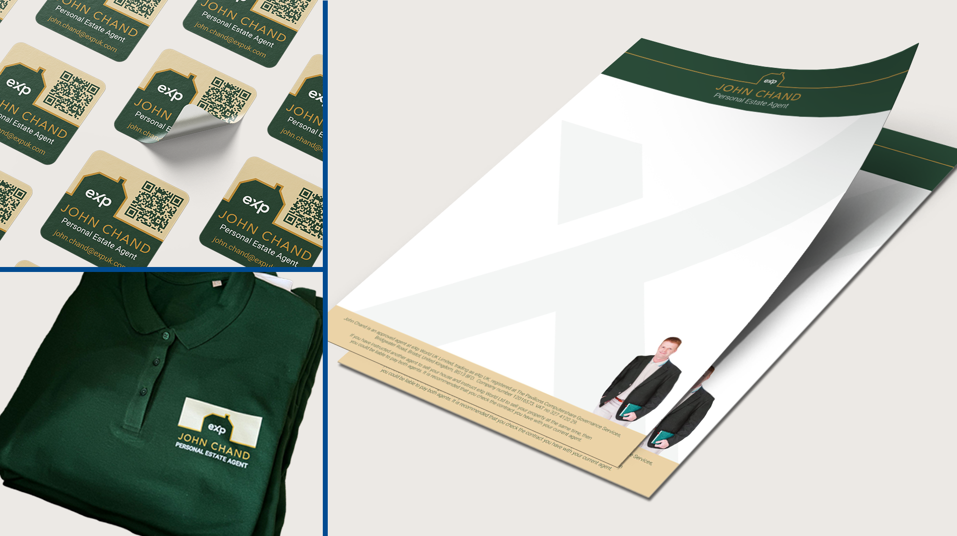 Branded workwear and letterhead design showing a consistent green brand identity of John Chand Personal Estate Agent