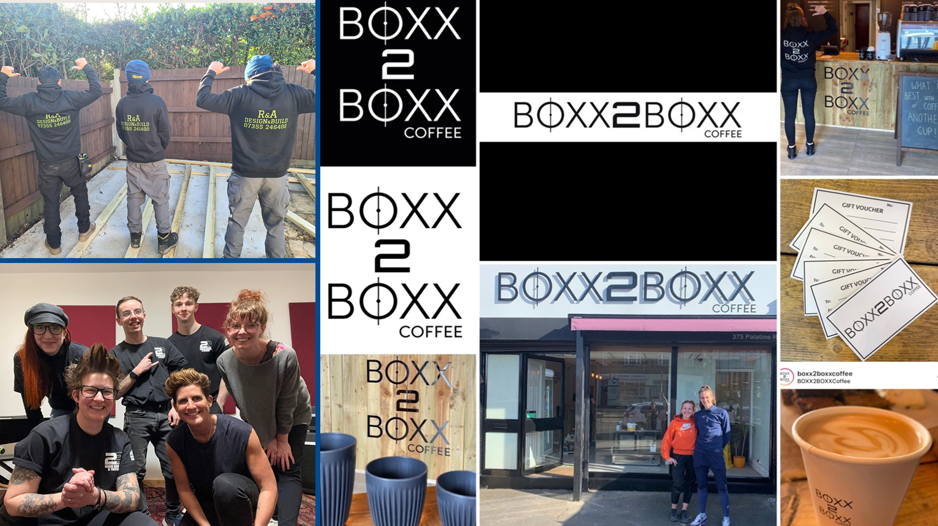 A collage-style promotional graphic for Boxx2Boxx Coffee, featuring multiple photos of people, storefront exterior, printed cards, and repeated BOXX2BOXX COFFEE logos on a black background. Team photo of 22 Music School team in uniform printed by FFS Print and Media as part of a longstanding creative partnership.