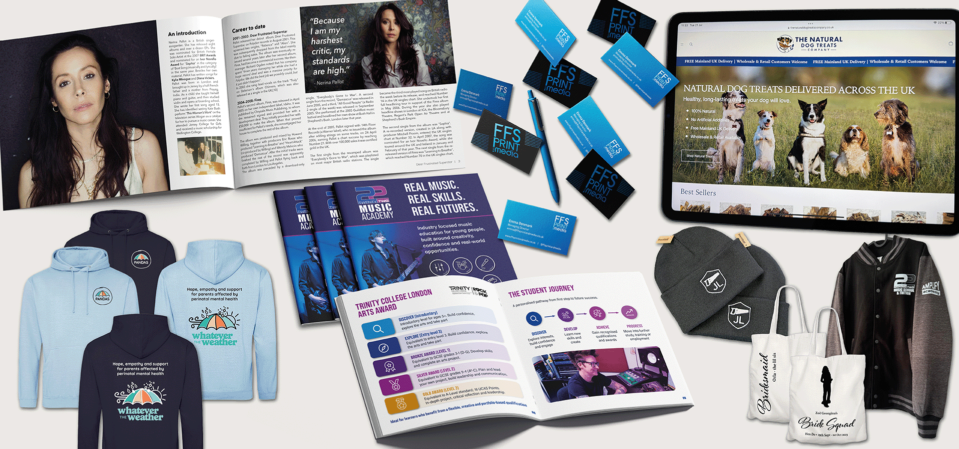 A collage showing FFS Print and Media projects - a coordinated merchandise set for 'The Story Behind The Story' brand, including apparel (hoodies, t-shirts, sweatshirts, cap), printed materials (brochures, booklet, magazine pages, business cards), and a tablet displaying a website. The products are arranged on a light grey background.