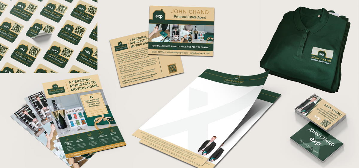 A coordinated branded stationery and apparel set arranged on a light neutral background, including a dark green polo shirt, business cards, letterhead sheets, leaflet, postcard, and repeated label stickers. The visible branding reads John Chand and includes a logo with green, beige, and white elements.