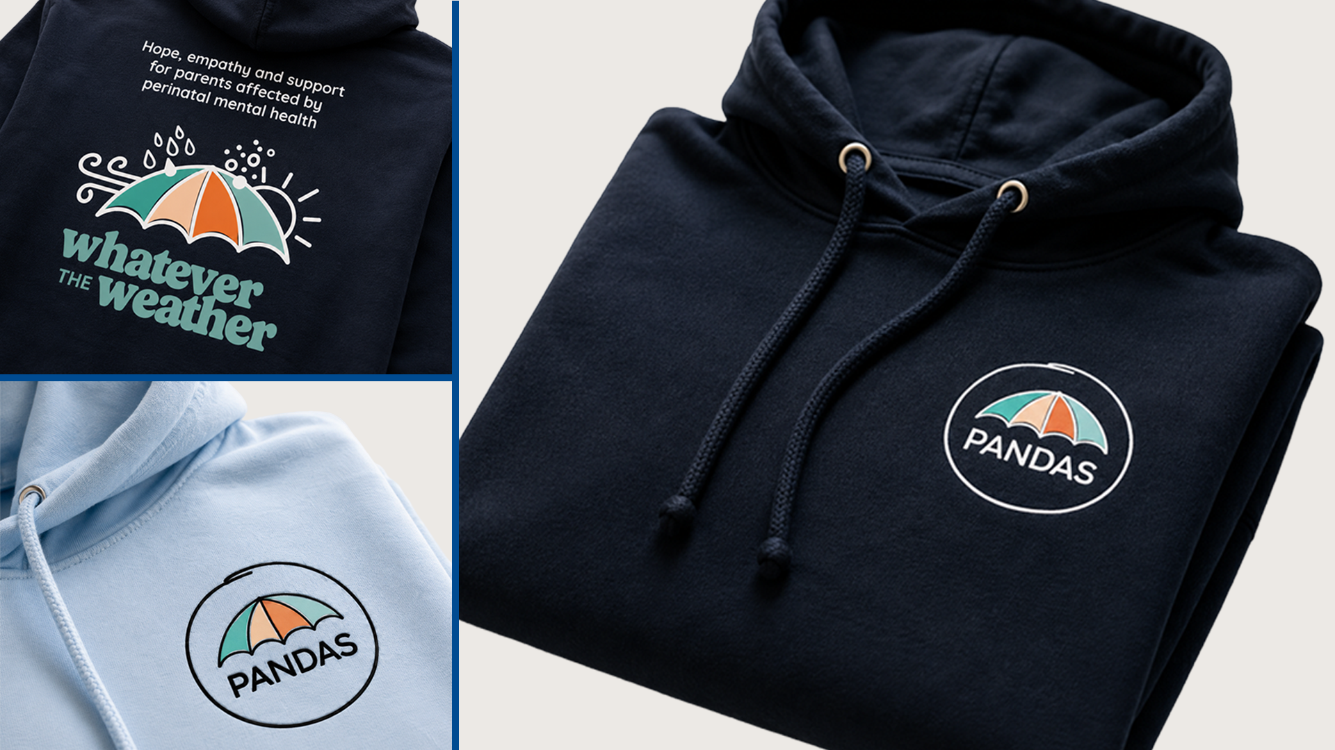 A folded dark navy hoodie is shown on a light gray background, with two inset close-ups of the hood and chest area. The main hoodie has a circular multicolor logo reading PANDAS with an umbrella graphic.