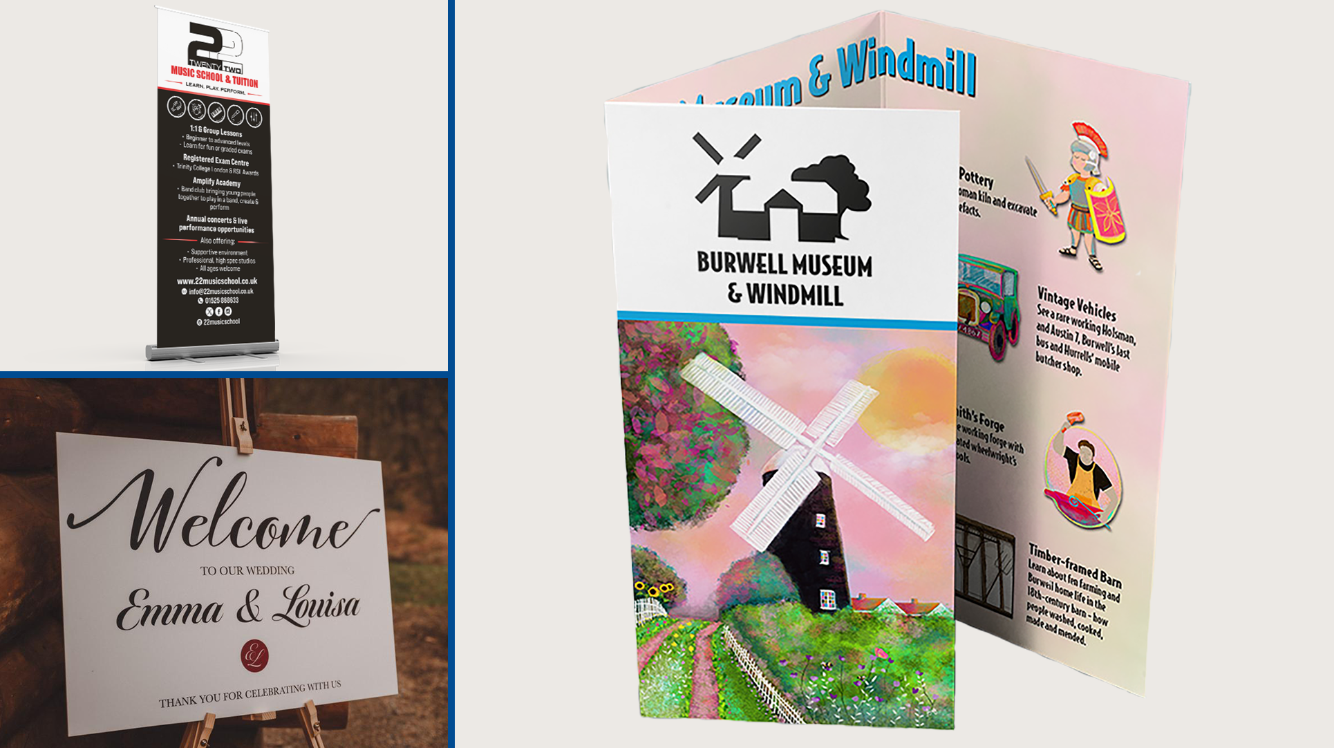 Printed signage and promotional materials for business and event branding - including a roller banner for 22 Music School and a trifold leaflet for Burwell Museum