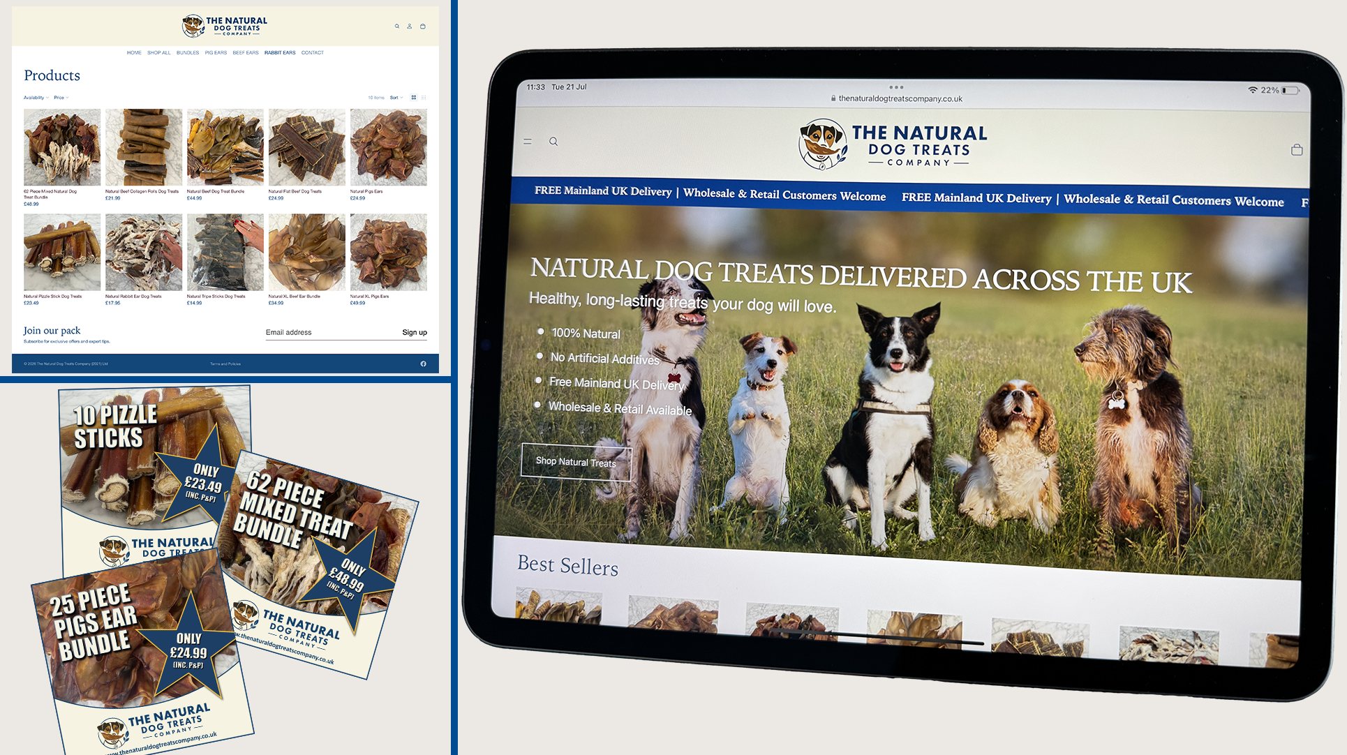 A promotional collage showing a tablet and a computer screen displaying The Natural Dog Treats Company website, alongside several product package mockups for dog treats on a white background.