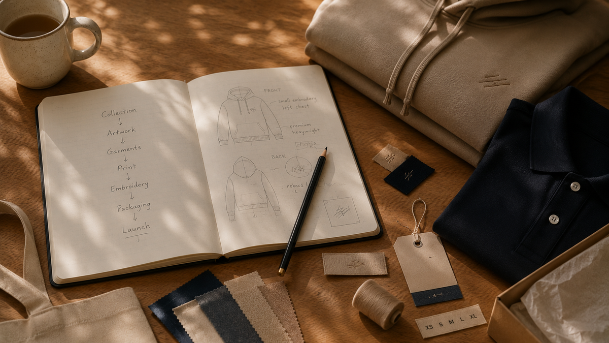 Open sketchbook showing apparel collection planning alongside premium garments, woven labels, embroidery samples and branded packaging demonstrating the merchandise design process at FFS Print & Media.
