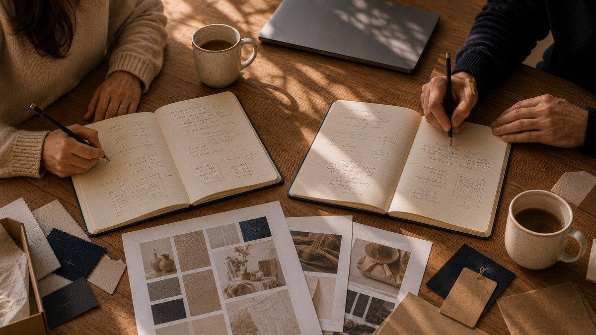 Two people collaborating on branding and creative strategy with notebooks, design samples and coffee at FFS Print & Media.